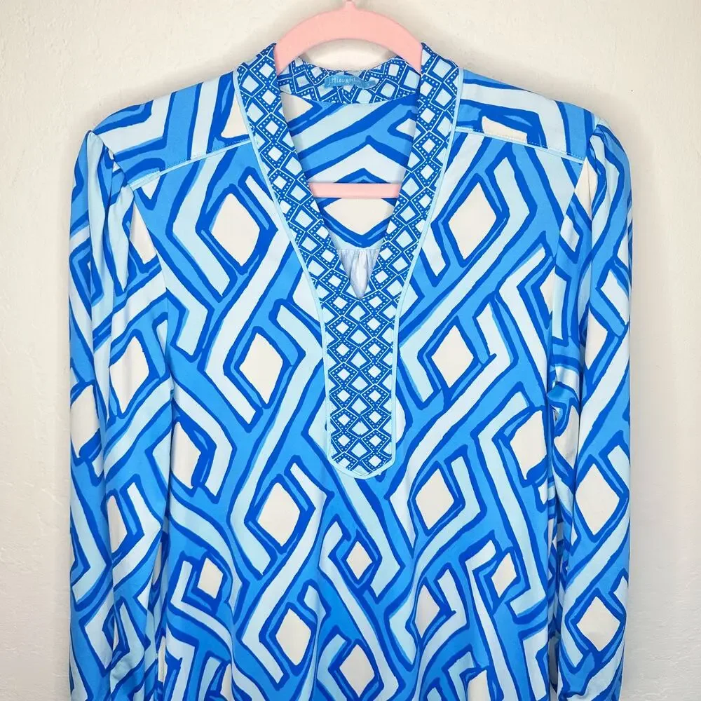 J McLaughlin Emer Long Sleeve Blue White Vilhada Souk Geometric Print Mini Dress